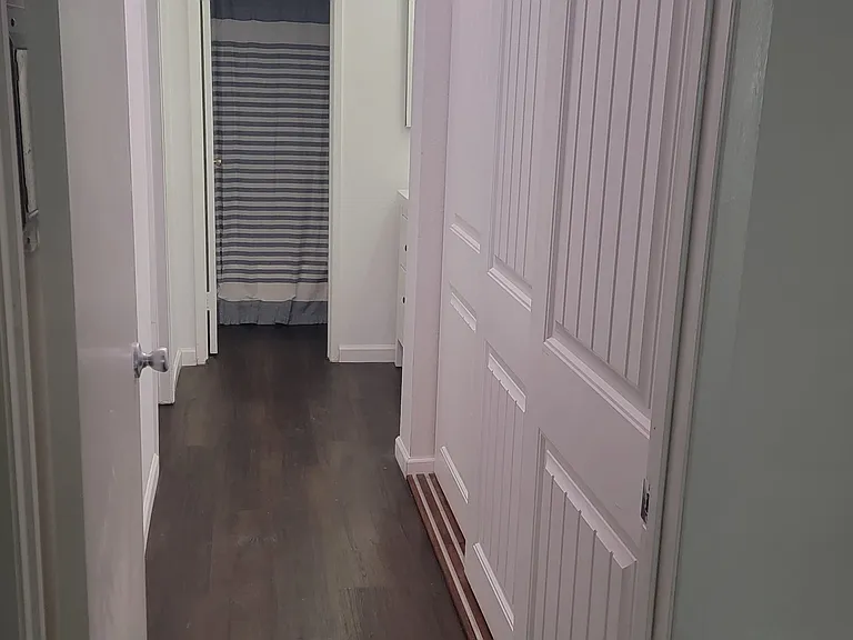 Hallway off the living room offers a three-door closet for extra storage, with the bedroom just beyond and the bathroom at the end.