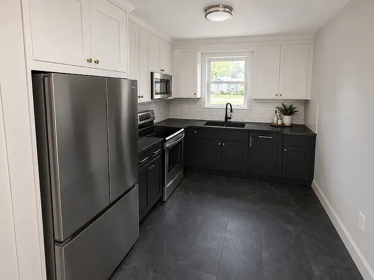 Photoshop and AI rendering of renovated kitchen - showing actual refrigerator, range, microwave, sink, faucet and upper cabinets. Cabinet hardware is different. Photo does not show pantry, butcher block table, stools, or windows.