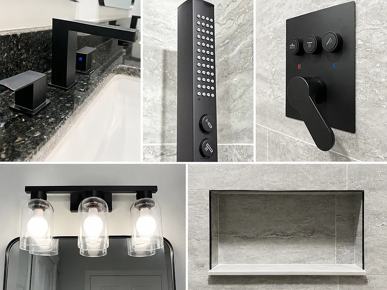 Master bath details: Double sink vanity, shower wand, sink lights, & shower wall cut out