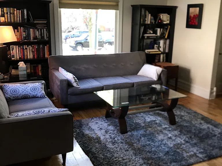 large bright living room with south facing picture window