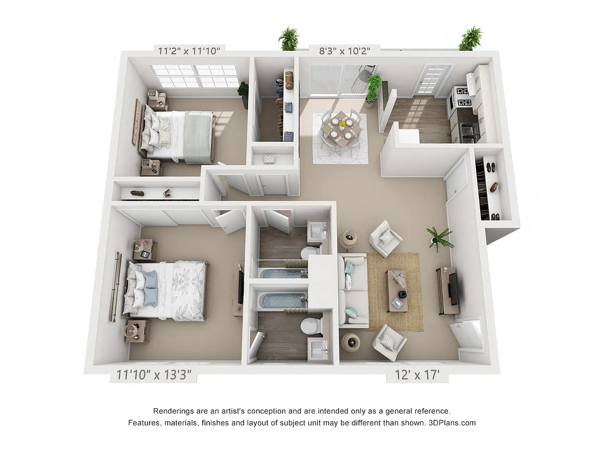 Floor plan 2 Bedroom, 2 Bath (Balcony)