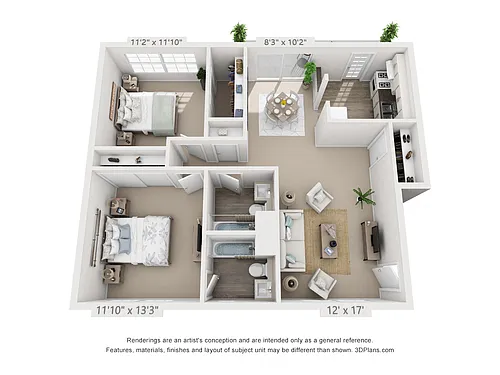 Floor plan 2 Bedroom, 2 Bath (Balcony)