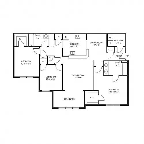 Floor plan 3BR 2BA (1396 SF)
