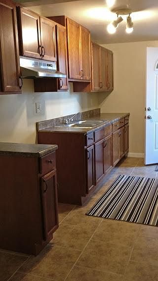 all new kitchen cabinets, sink, vent and tile in the kitchen