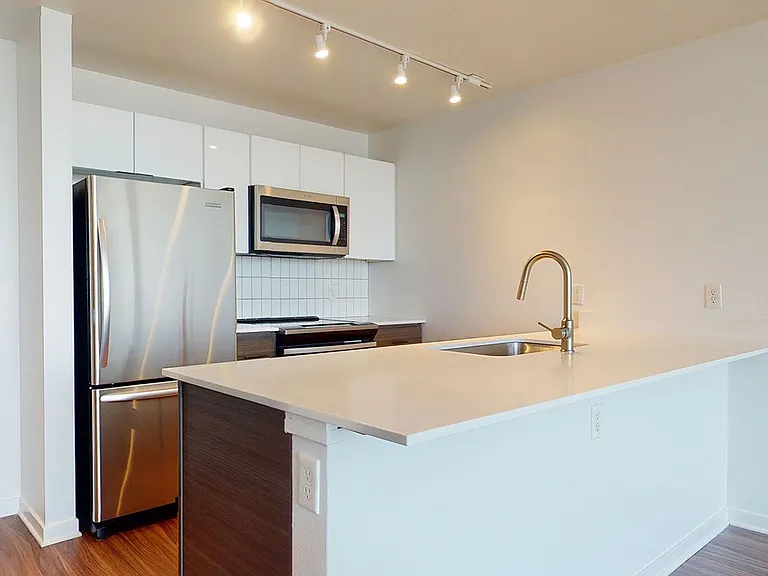 Apartment kitchen with stainless steel appliances, quartz countertops and wood-style flooring.