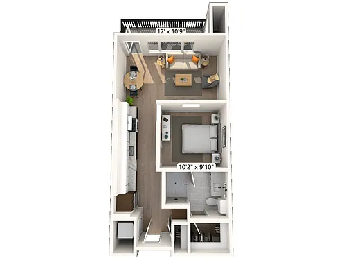 Floor plan 2S1 1x1 607 SF-FP