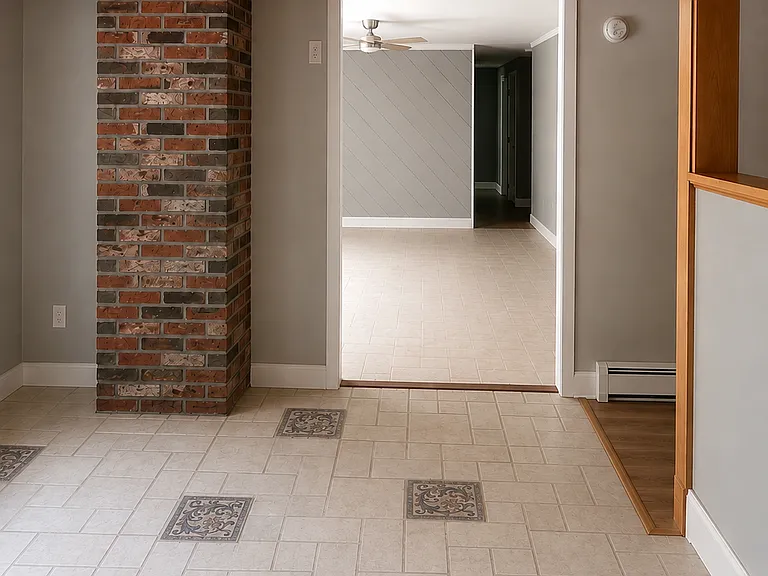 View from driveway entry through den into dining area. Living room is on the right past the half-wall.