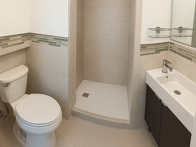 Private bathroom featuring a modern design.