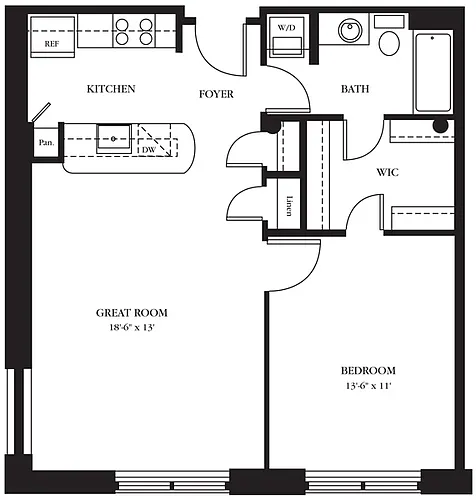 Floor plan AC-H One Bedroom, One Bathroom