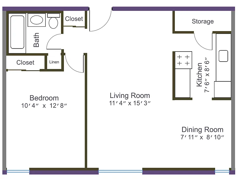 Typical 1 bedroom floor plan for 611 Jefferson Avenue, dimensions may vary.