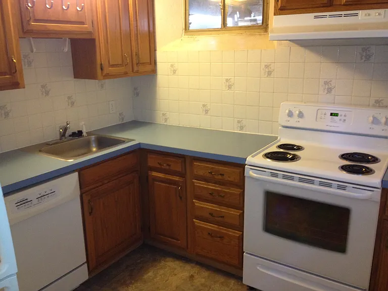 Basement kitchen with stove, dishwasher, & refrigerator