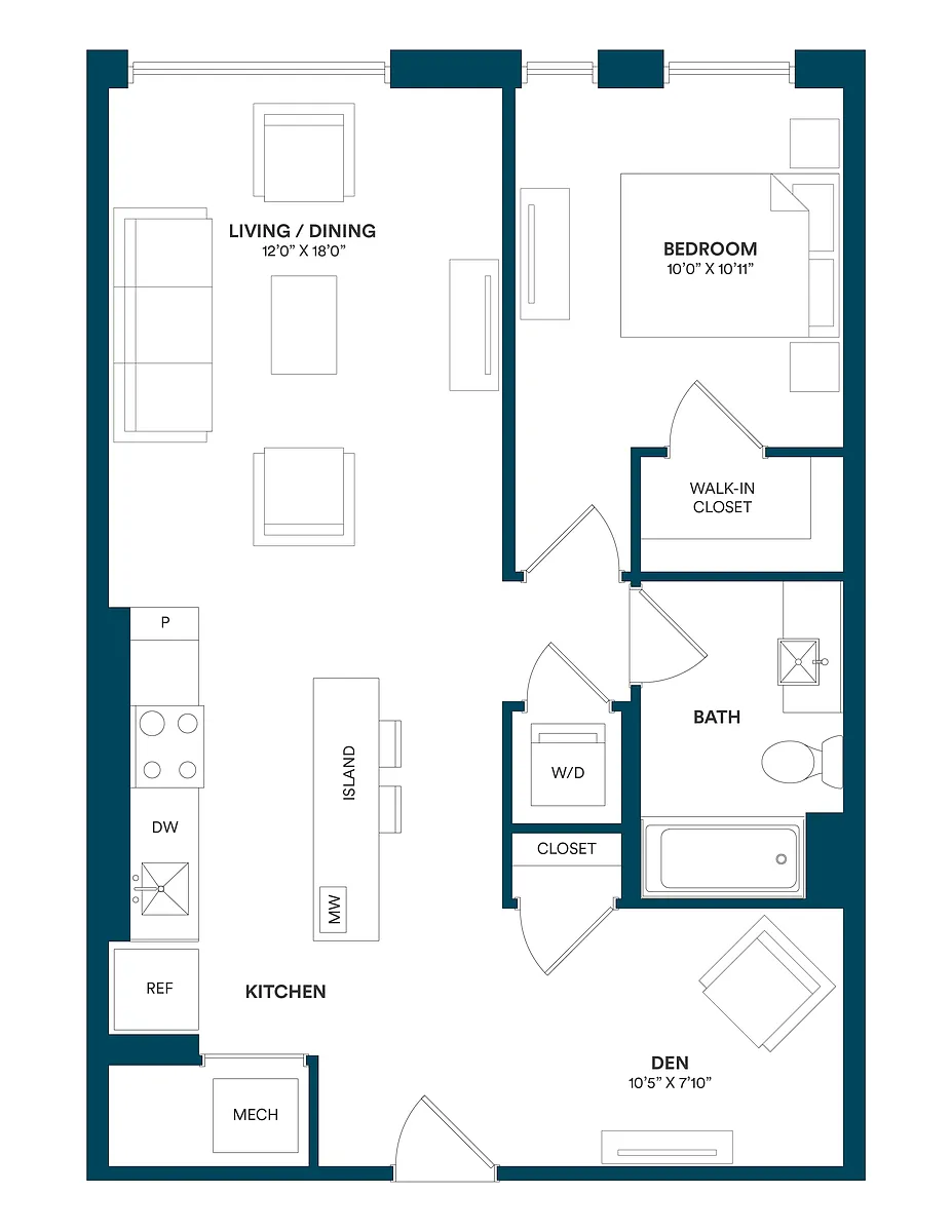 Floor plan 1 Bed/1 Bath Den-E1 TYP 04