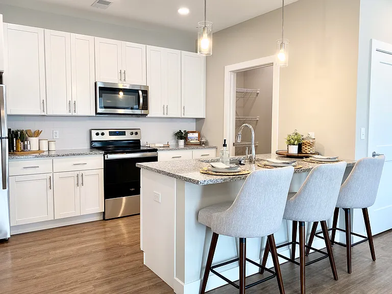 The Aster's kitchen checks all the boxes _ granite countertops, stainless steel appliances, a breakfast bar, and a walk-in pantry for all your snacks and staples. The Aster's kitchen checks all the boxes _ granite countertops, stainless steel appliances, 