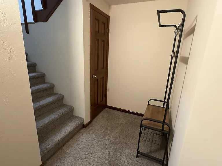 Basement stair landing and door to storage area