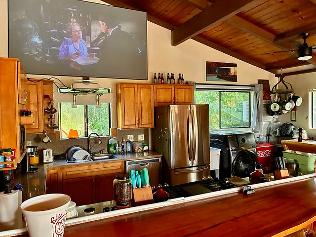 Kitchen WELL equiped with GE Combo All in One Profile Washer Dryer 90 inch projection system French Door Refrigerator Freezer plus small box freezer dish washer garbage disposal