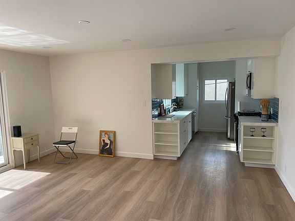 View from living room into the open kitchen.