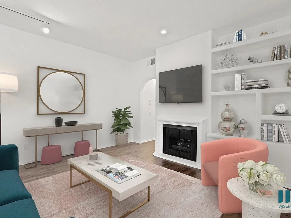Living Room with Built-In Shelving, Vinyl Flooring, and Recessed Lighting