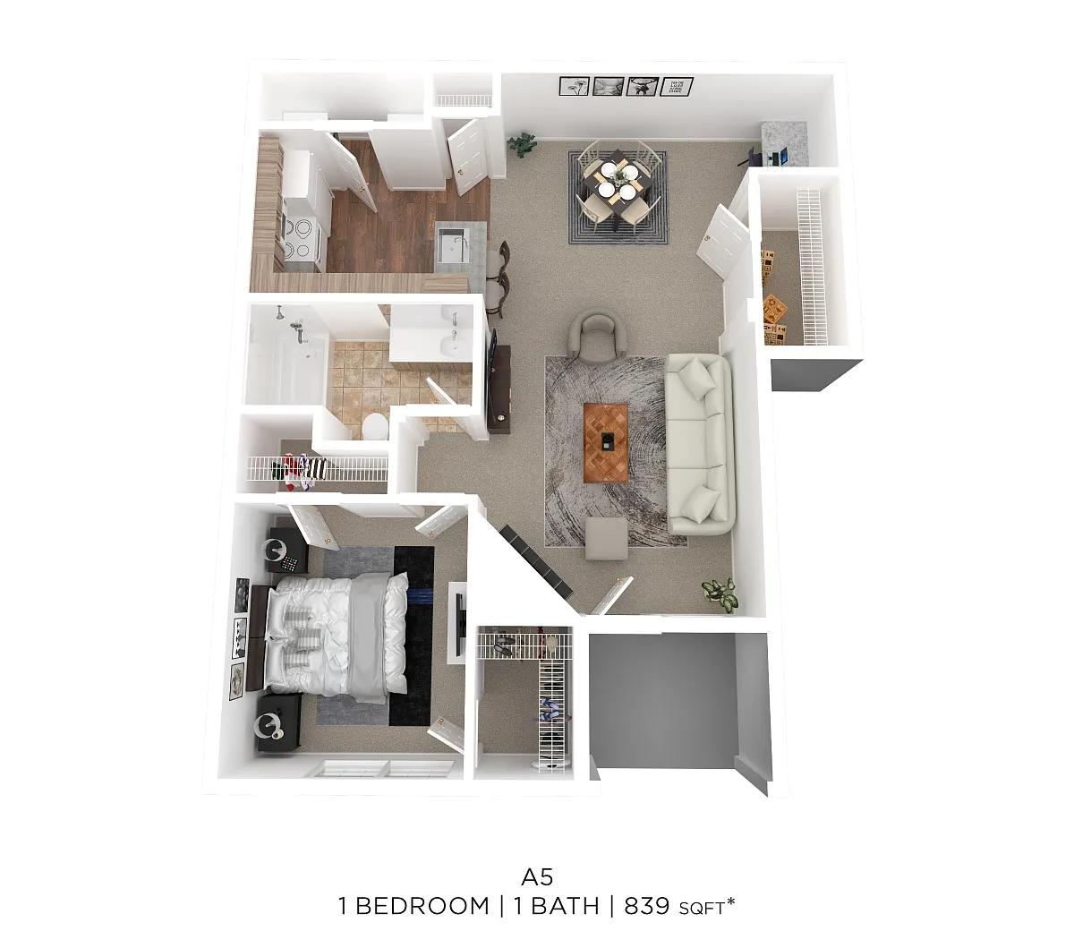 Floor plan One Bed One Bath 839 Sqft