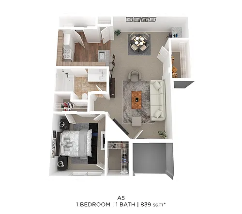Floor plan One Bed One Bath 839 Sqft
