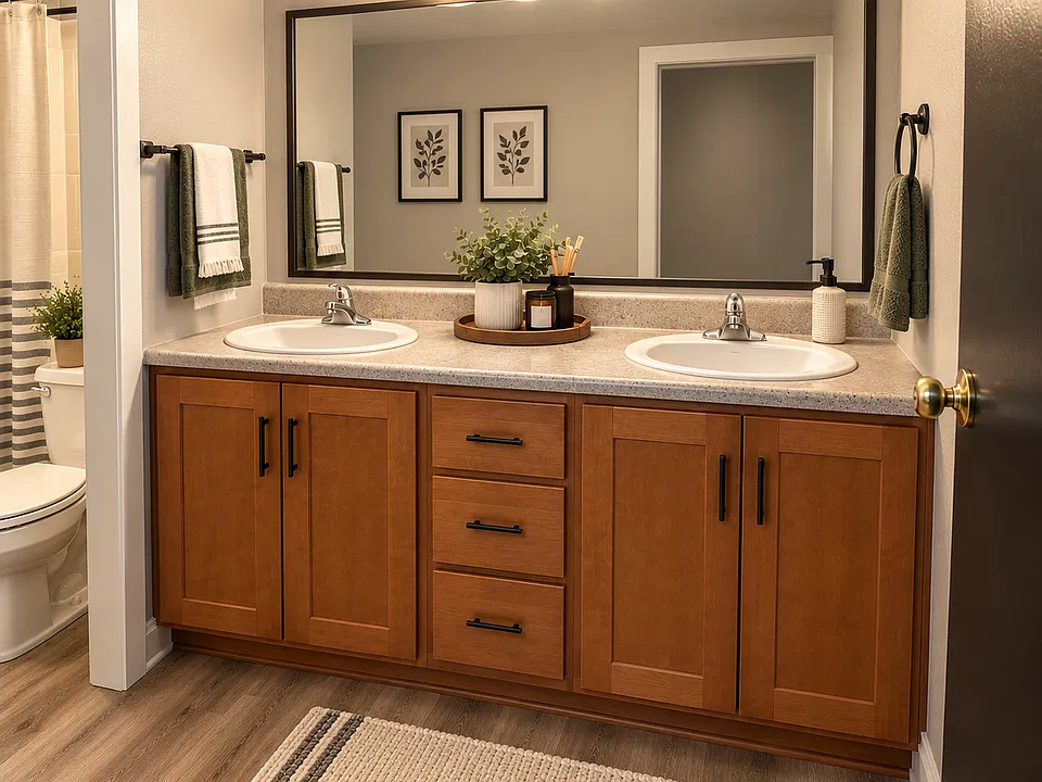 A little extra space for your daily routine! Enjoy a spacious double-sink vanity, plenty of storage, and warm, modern finishes that make getting ready a little easier.