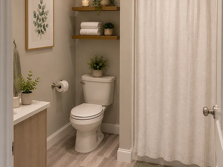 AI Generated Photo to show full potential. Rain shower from ceiling is true to the room