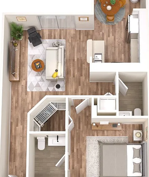 Modern 2D floor plan showcasing 1 bedroom, an inviting open-concept living area, cozy dining nook, and stylish kitchen.