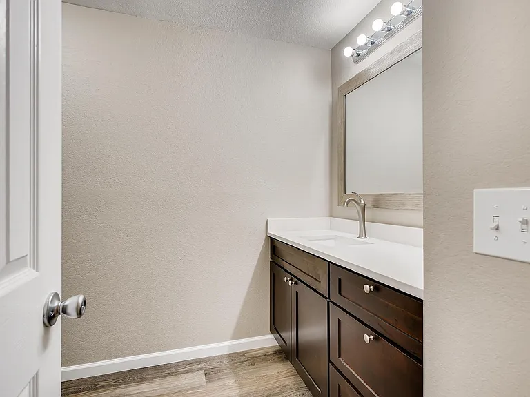 Bathroom New vanity, quartz top, faucet sink, mirror Plank flooring