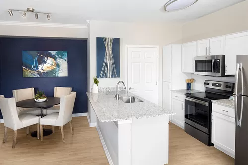 Luxury vinyl plank flooring in all kitchens and baths. In select living and dining rooms. - Reserve At Beachline Apartments