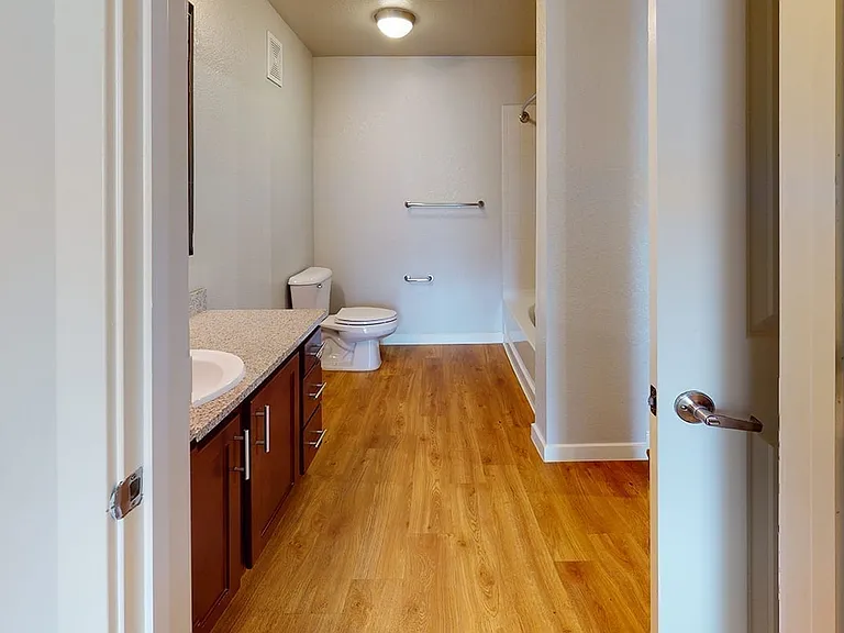 Apartment bathroom with wood-style flooring.