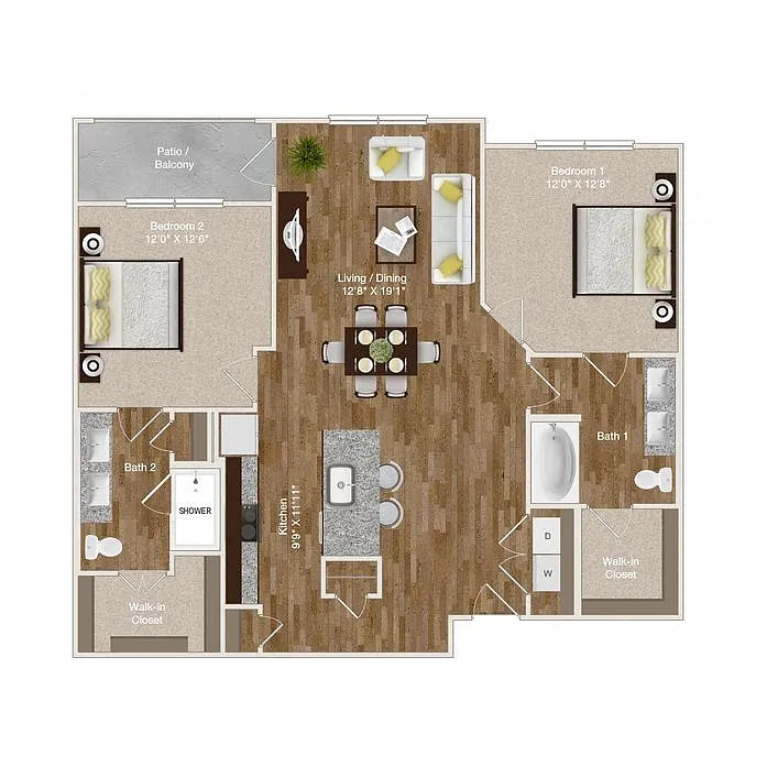 Floor plan B2 - 2Bed/2Bath - Kitchen Island & Balcony/Patio