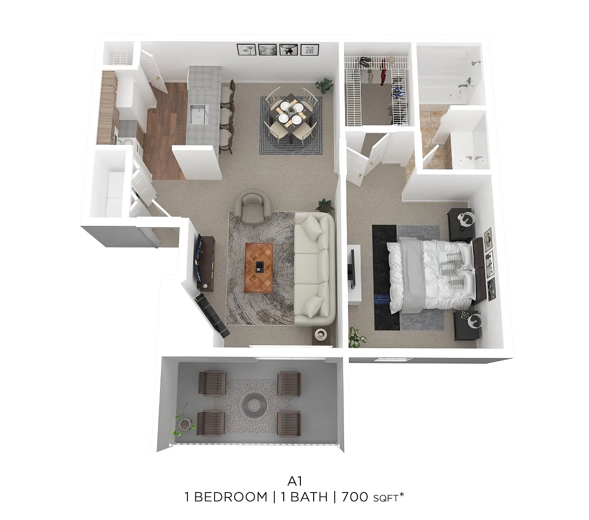 Floor plan One Bed One Bath 700 Sqft