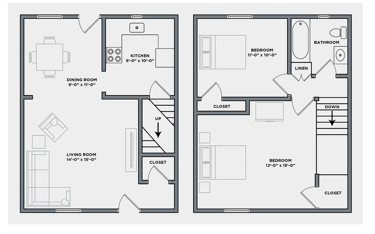 Floor plan Two Bed, One Bath | Townhome