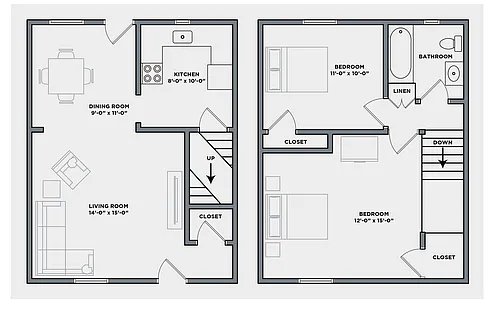 Floor plan Two Bed, One Bath | Townhome