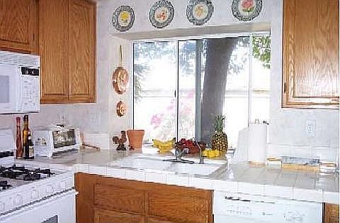 Kitchen overlooks backyard