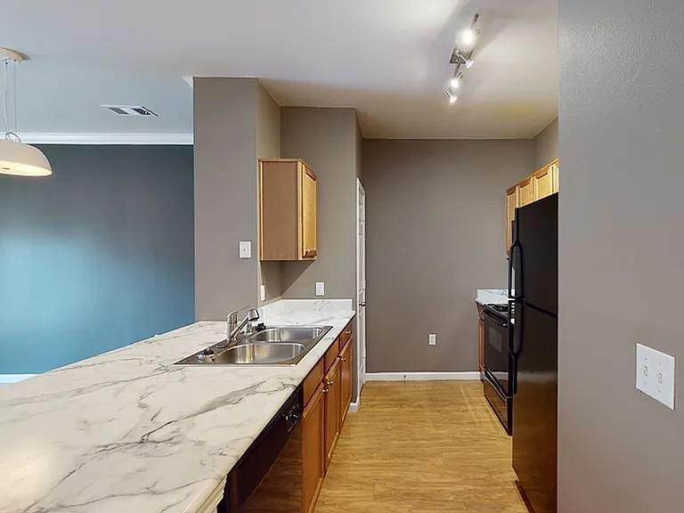 Apartment kitchen with marble-style countertops and wood-style flooring.