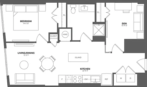 Floor plan 1 Bed/1 Bath Den-AD12