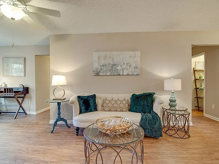 Spacious living room with hardwood-style flooring