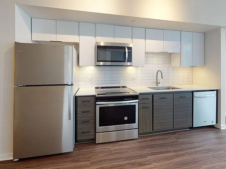 Apartment Kitchen with Stainless Steel Appliances, Quartz-style countertops and Wood-Style Flooring.