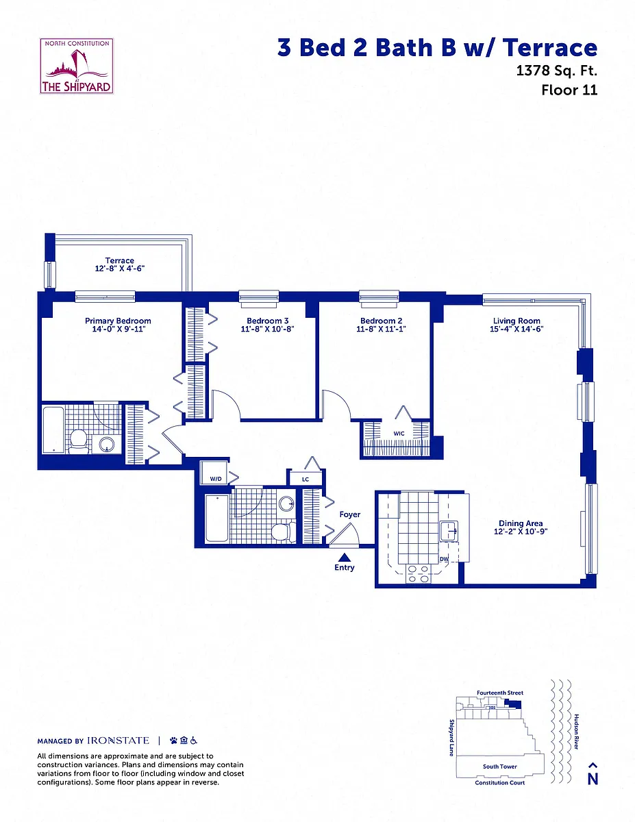 Floor plan 3 Bed 2 Bath B with Terrace