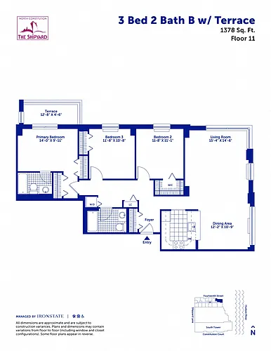 Floor plan 3 Bed 2 Bath B with Terrace