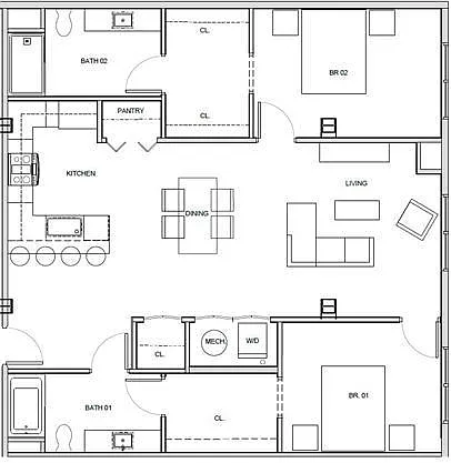 Floor plan Large 2 Bedroom 2 Bath Dual Primary Suites