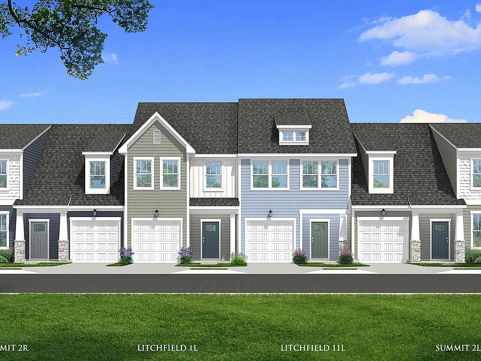 Rendering of a townhome building with pastel color siding, with craftsman style exteriors in the tow