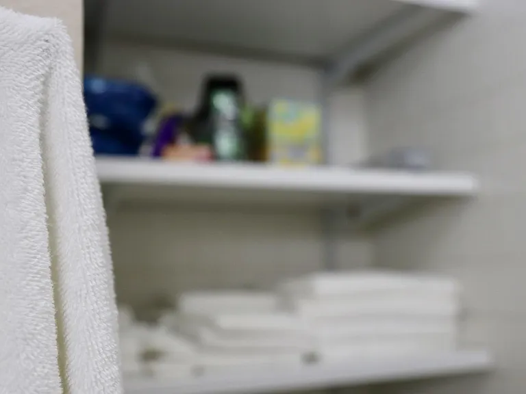Linen closet with built-in shelving offers convenient storage for towels, toiletries, and household essentials.