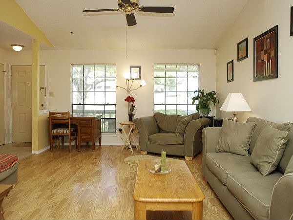 Living room with vaulted ceilings