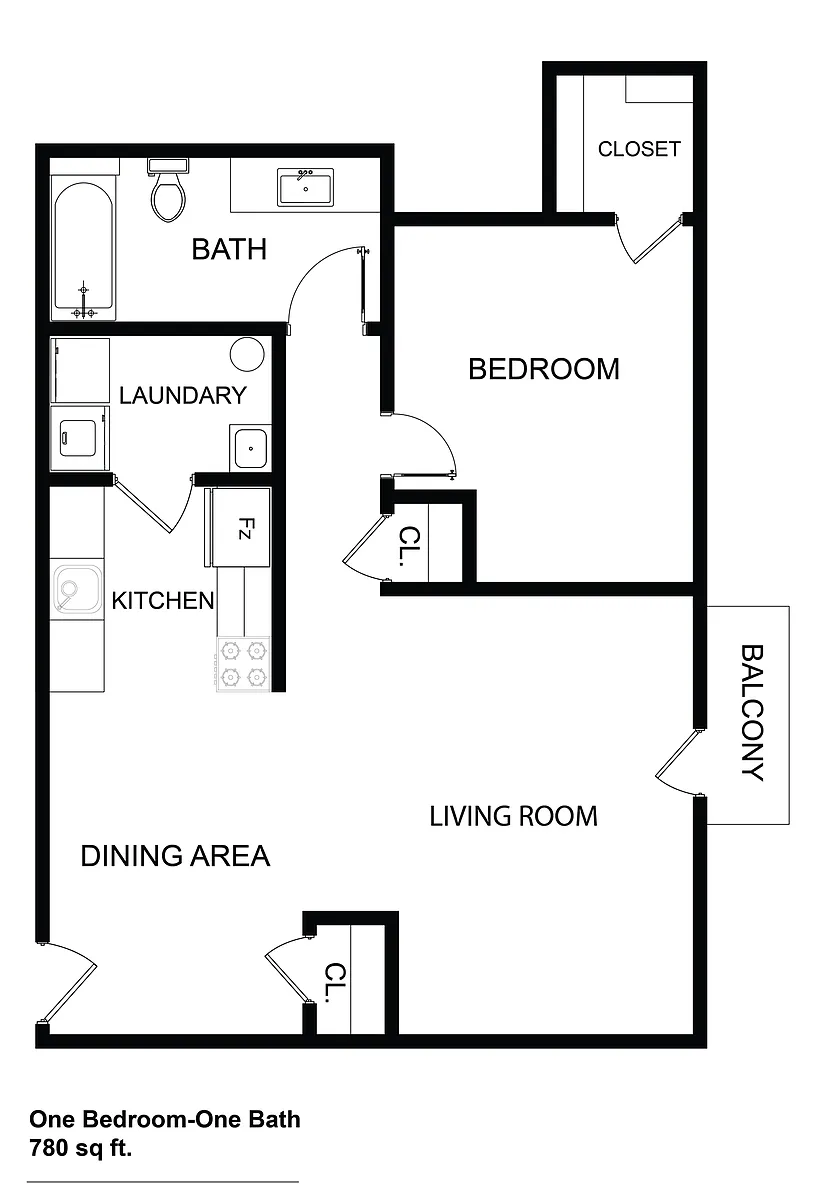 Floor plan 1 Bed, 1 Bath 783 Sq Ft