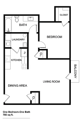 Floor plan 1 Bed, 1 Bath 783 Sq Ft