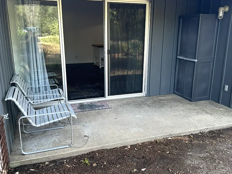 patio with storage shed