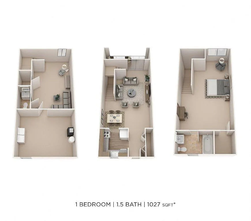 Floor plan One Bedroom 1.5 Bath Townhome - 1,027 sqft