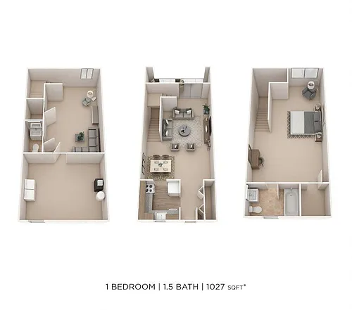 Floor plan One Bedroom 1.5 Bath Townhome - 1,027 sqft