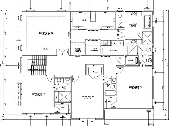 second level floor plan with master walk-in closet, and three bedrooms up each with private bathroom